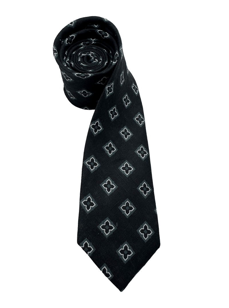 Black Tile Print Linen Tie