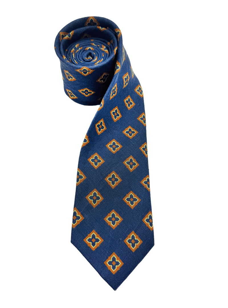 Navy Orange Tile Print Linen Tie