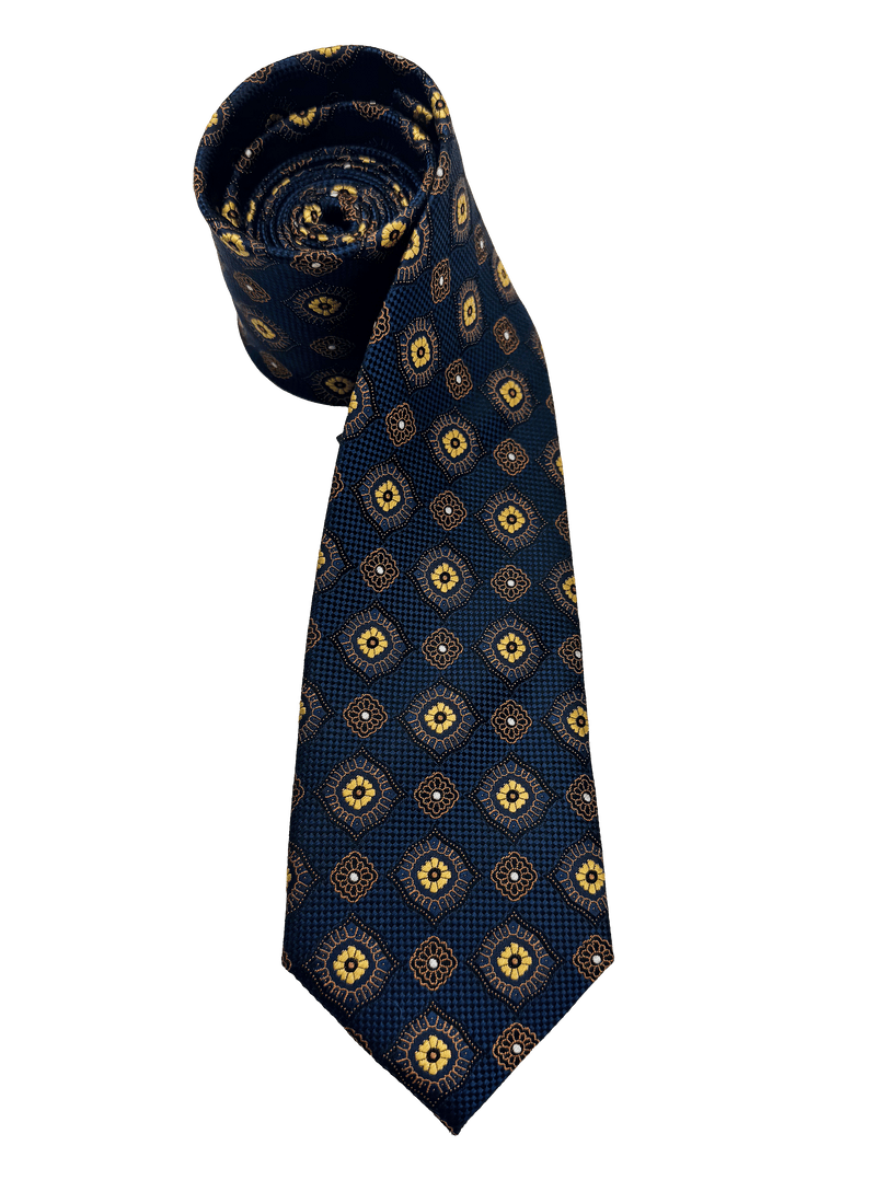 Navy Yellow Tile Print Silk Tie
