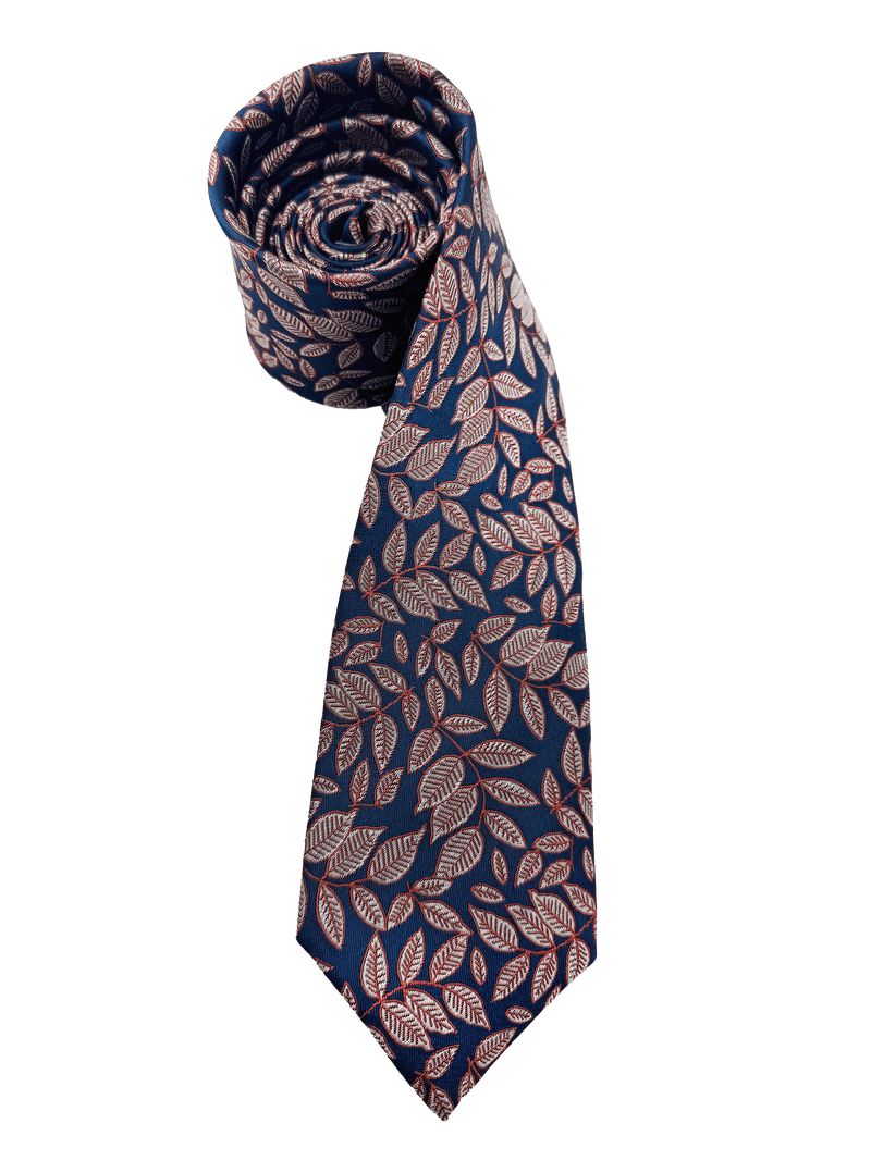 Navy Red Leaf Print Silk Tie