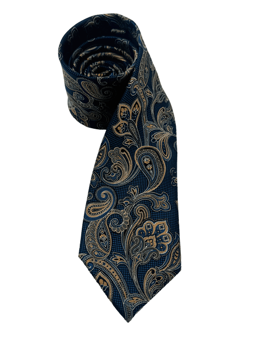 Navy Orange Paisley Print Silk Tie